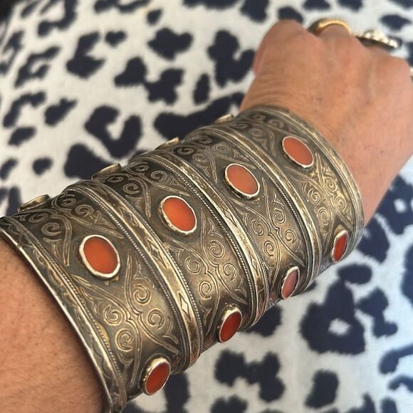 Vintage Style Ornate Cuff Bracelet with Orange Accents - Picture 7 of 7